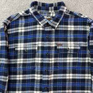 Orvis Shirt Mens XL Blue Plaid Shacket Flannel Heavy Cotton Button Up Pockets